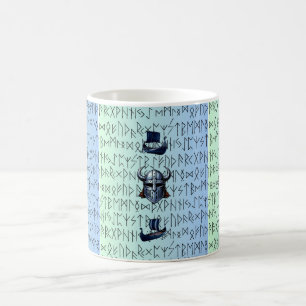Repeating Viking Ships and Helmet Design over Rune Coffee Mug