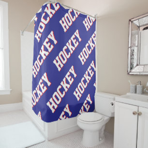 Repeating White Red HOCKEY Text On Deep Blue Shower Curtain