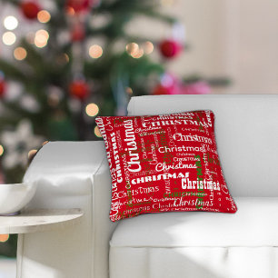 Repeating Word Pattern Red White Christmas Cushion