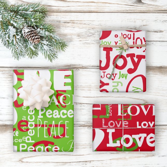 Repeating Word Peace Joy Love Red Green Christmas Wrapping Paper Sheet (Creator Uploaded)