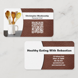 Replaceable Chef Spoons Photo on Leather QR Code Business Card
