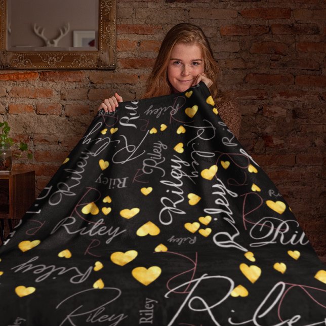 Replicated names initials and gold hearts black fleece blanket (Creator Uploaded)