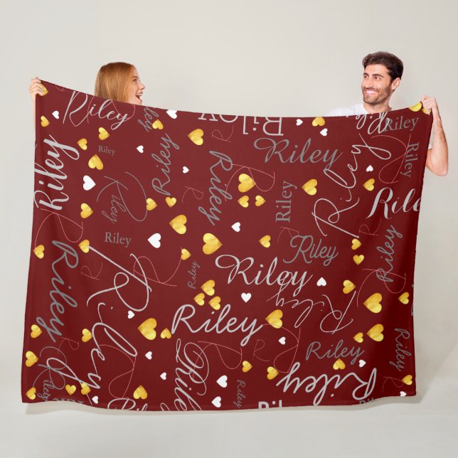 Replicated names initials and gold hearts dark red fleece blanket (In Situ)