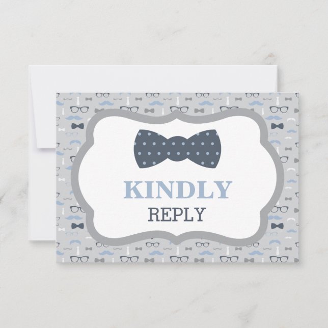 Reply Card, RSVP Card, Bow Tie, Blue, Grey Card (Front)