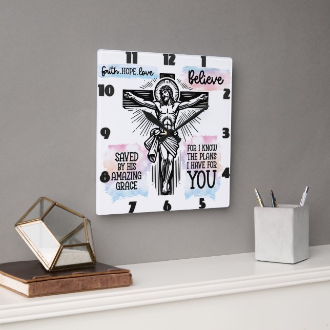 Representation of Jesus on the Cross Square Wall Clock (Office)