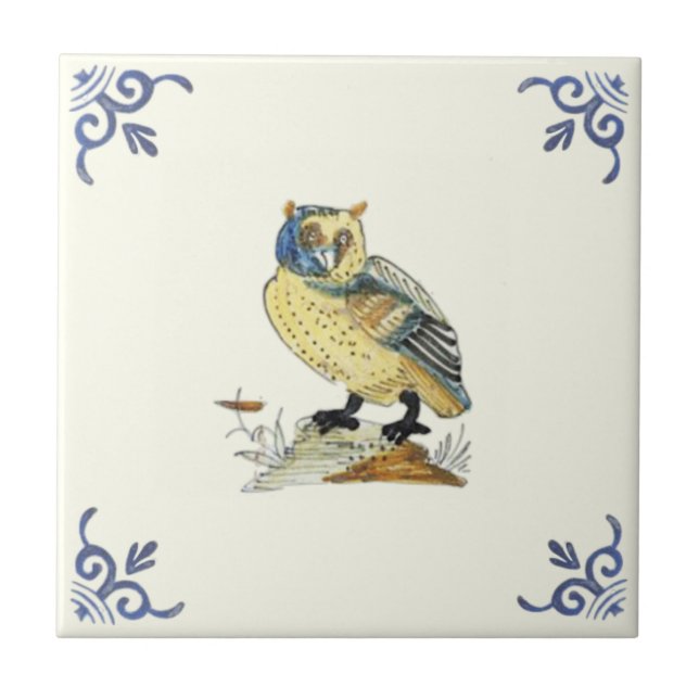 Repro 1700s Antique Hand Painted Delft Owl Ceramic Tile (Front)