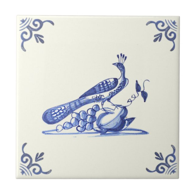 Repro 1700s Handpainted Peacock Fruit Blue White Ceramic Tile (Front)