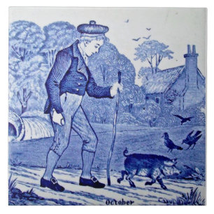 Repro 1879 Wedgwood Blue Calendar Series October Ceramic Tile