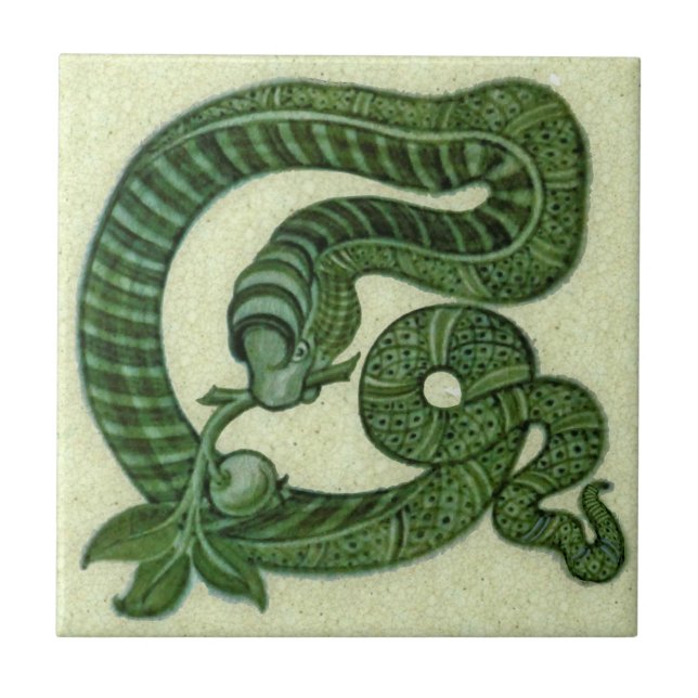 Repro 1880s De Morgan Green Snake with Apple Ceramic Tile (Front)