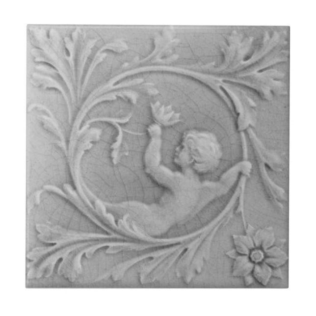 Repro 1880s Minton Faux Relief Putti Gray Marble Ceramic Tile (Front)