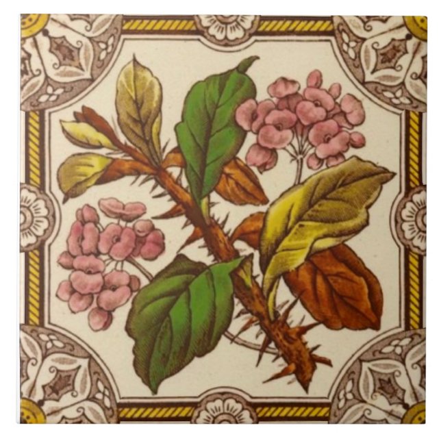 Repro 1880s Wild Rose Hand Colored Transferware Ceramic Tile (Front)