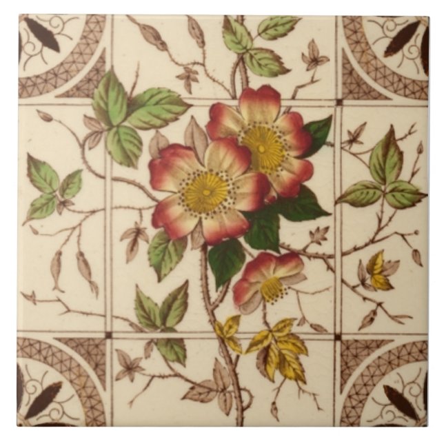 Repro 1885 Booth Aesthetic Wild Rose Transferware Ceramic Tile (Front)