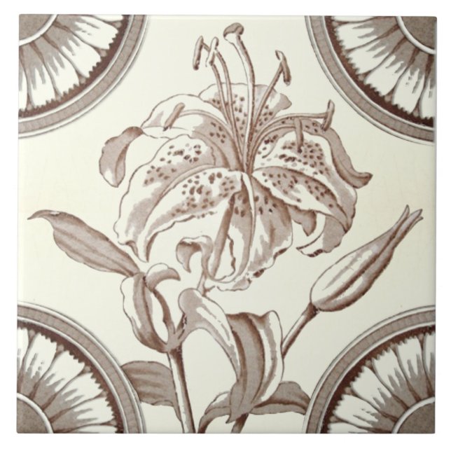 Repro 1885 Victorian Sepia Lily Transferware Ceramic Tile (Front)