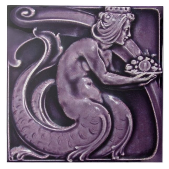 Repro 1900 Villeroy+Boch Purple Majolica Mermaid Ceramic Tile (Front)