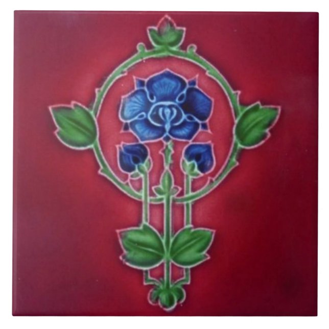 Repro 1905 Art Nouveau Jewel Tone Floral Ceramic Tile (Front)