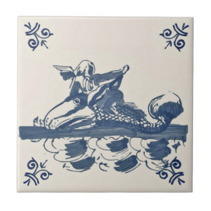 Repro Antique Blue Delft Tile Angel Fish Ocean