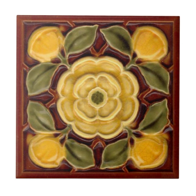 Repro Antique Faux Relief Tudor Rose Majolica Ceramic Tile (Front)
