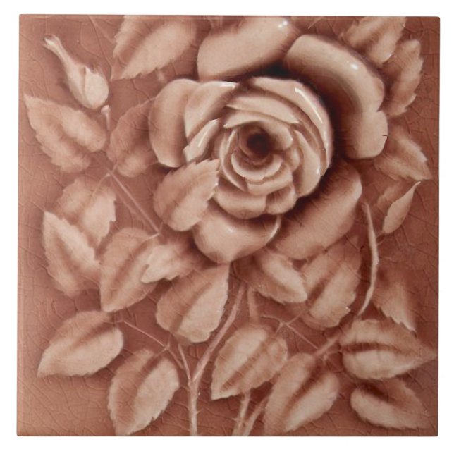 Repro Antique Mauve Majolica Rose Faux Relief Ceramic Tile (Front)