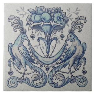 Repro Antique Minton Hollins Birds Fruit Blue Ceramic Tile