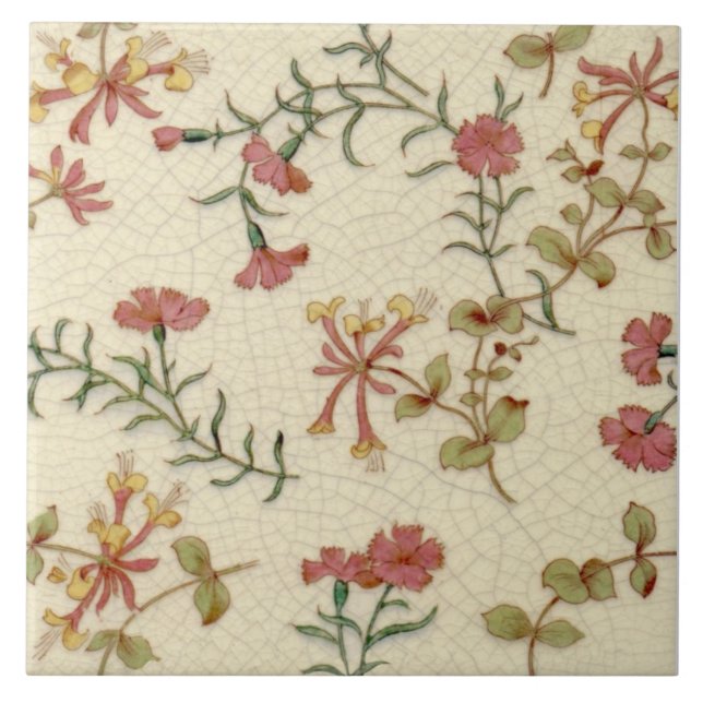 Repro Antique Minton Honeysuckle & Pinks on Ivory Ceramic Tile (Front)