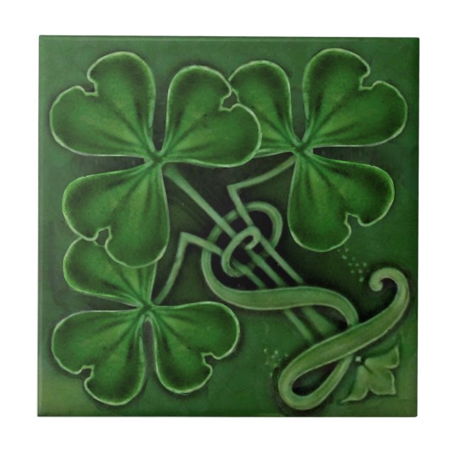 Repro Antique Minton Lucky Green Shamrocks Ceramic Tile (Front)