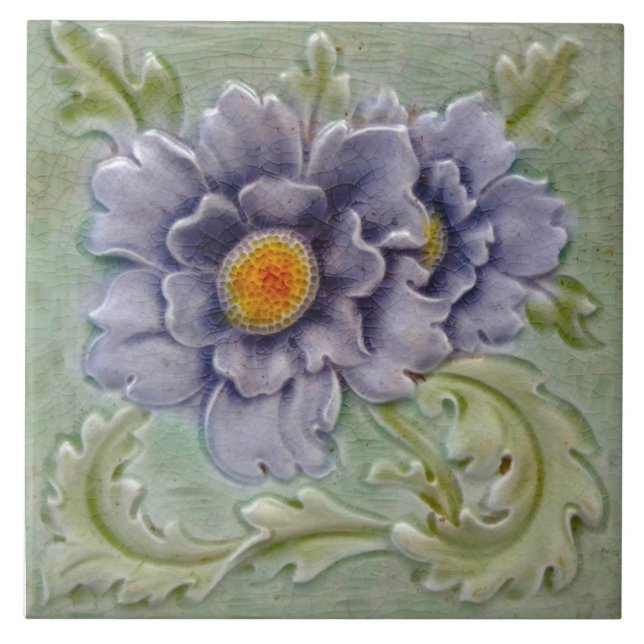 Repro Antique Purple Green Majolica Faux Relief Ceramic Tile (Front)