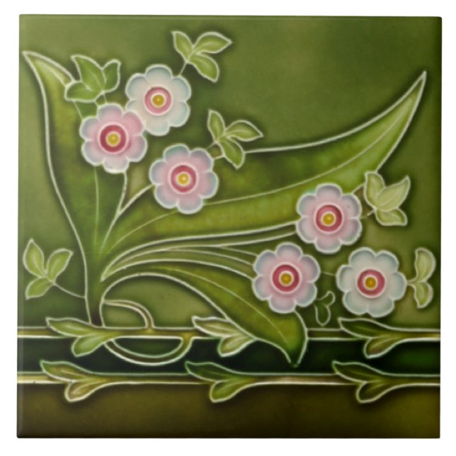Repro Antique Tubelined Pink Floral Green Border Ceramic Tile (Front)