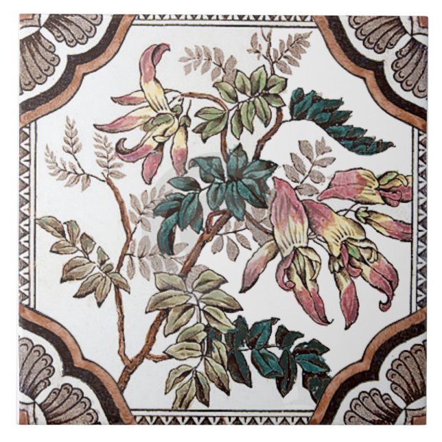 Repro antique Victorian floral transferware Ceramic Tile (Front)