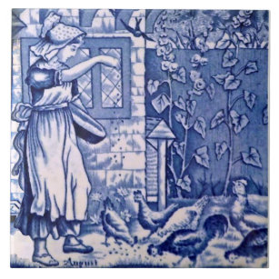 Repro Antique Wedgwood Blue August Calendar Ceramic Tile