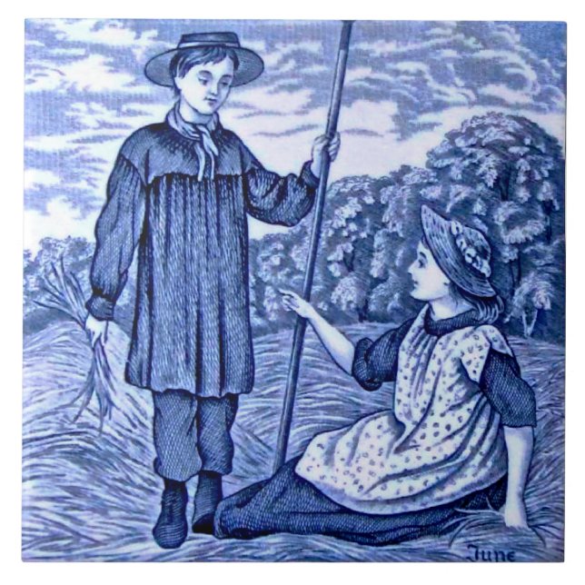 Repro Antique Wedgwood Blue Calendar Series June Ceramic Tile (Front)