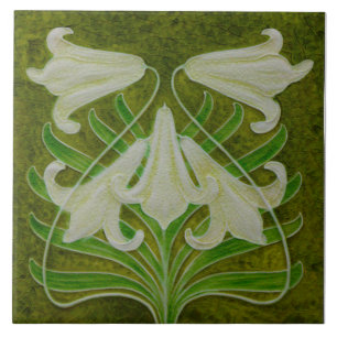 Repro Art Nouveau Easter Lily on Mottled Green Ceramic Tile