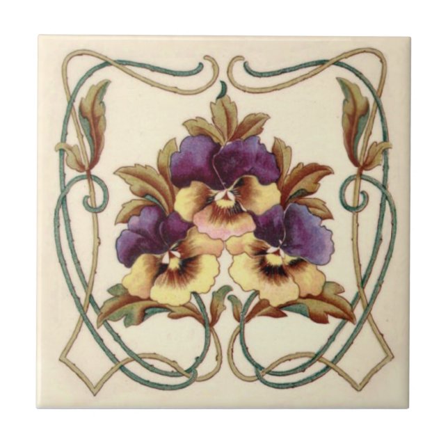 Repro Art Nouveau Hand Colored Pansies Printed Ceramic Tile (Front)