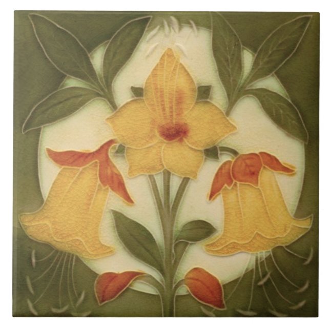 Repro Art Nouveau Tubelined Daffodil Trio Ceramic Tile (Front)