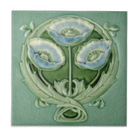 Repro Art Novueau Soft Blue Green Poppies Floral
