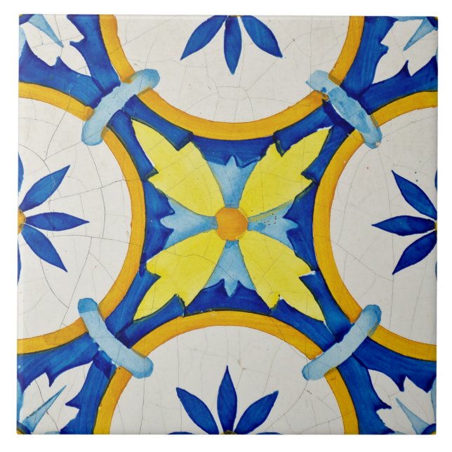 Repro Azulejos Portuguese Geometric Yellow Blue Ti Ceramic Tile (Front)