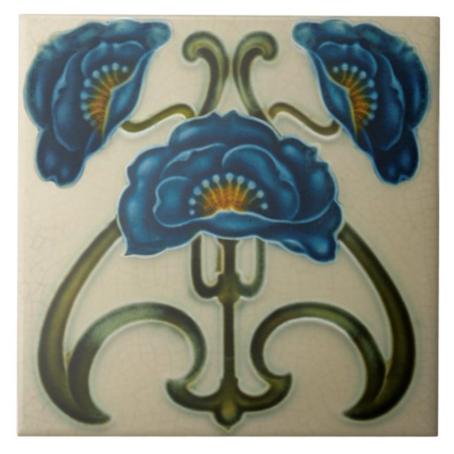 Repro Blue Poppies Art Noveau Ceramic Tile (Front)