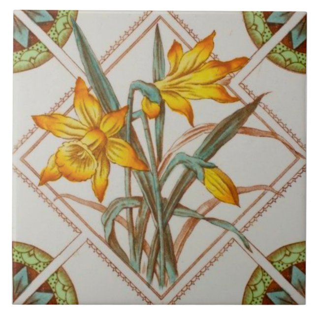 Repro Bright c1900 Daffodils Transferware Ceramic Tile (Front)