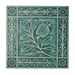 Repro c1900 Teal Majolica Faux Relief Pomegranate Ceramic Tile
