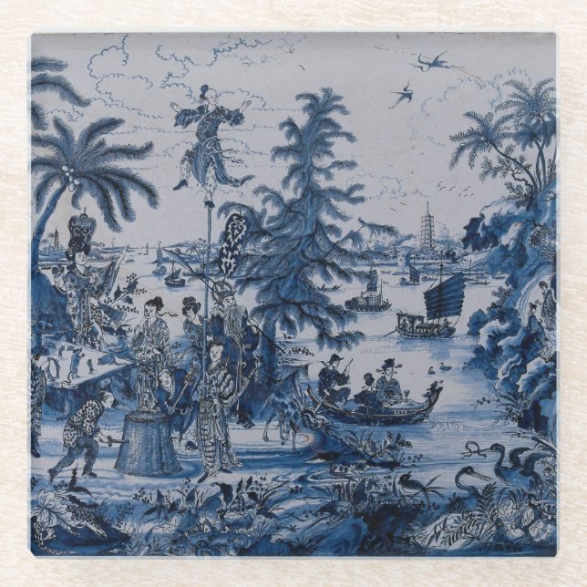Repro Chinoiserie  Delft Blue and White Glass Coaster (Front)