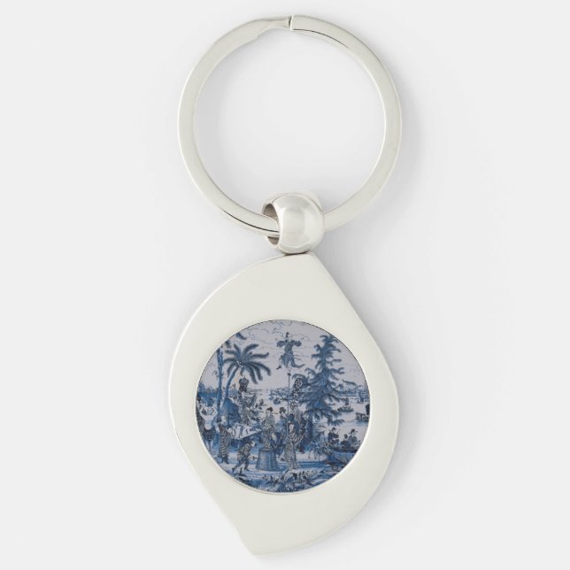 Repro Chinoiserie  Delft Blue and White Tile  Key Ring (Front)