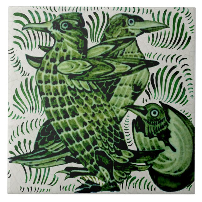 Repro De Morgan Birds+Chick Hatching Handpainted Ceramic Tile (Front)