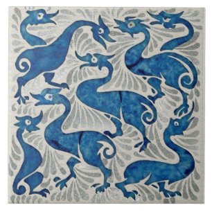 Repro De Morgan Ducks in Blue & Silver on White Ceramic Tile