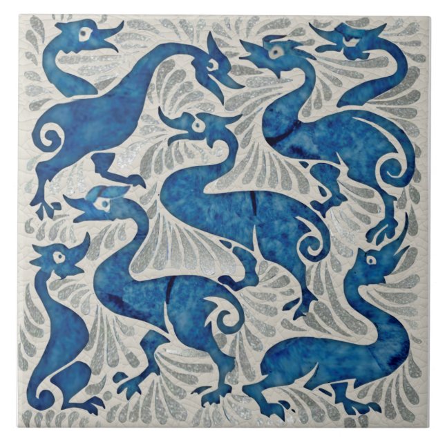 Repro De Morgan Ducks in Blue & Silver on White Ceramic Tile (Front)