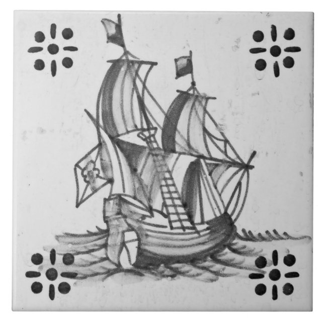 Repro Deftware Sail Ship Blue Delft Tile (Front)