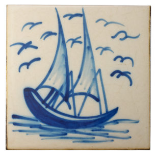 Repro Deftware Ship Sail Boat Blue Delft  Tile