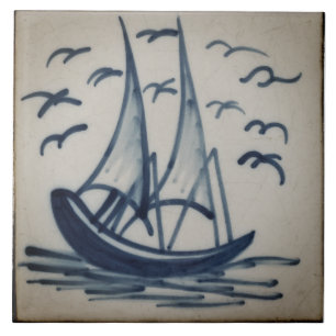 Repro Deftware Ship Sail Boat Blue Delft  Tile