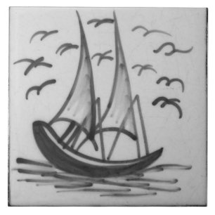 Repro Deftware Ship Sail Boat Blue Delft Tile