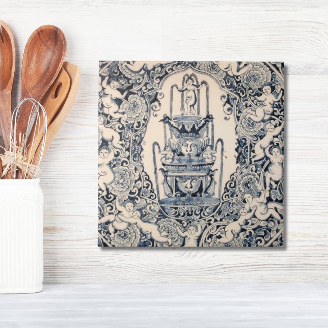 Repro Delft Tile Angels Fountain Picturesque scene (Repro Delft Tile Blue cherub fountain renaissance)