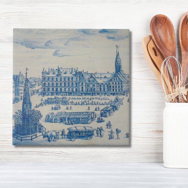 Repro Delft Tile Nuremberg Town Square Blue (Repro Delft Tile Blue Germany town square antique building)