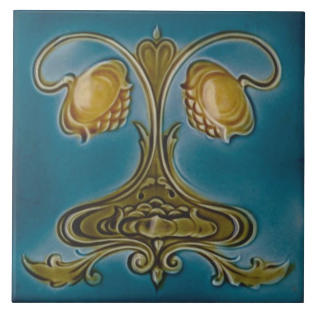 Repro Early 1900s English Art Nouveau Floral Ceramic Tile (Front)